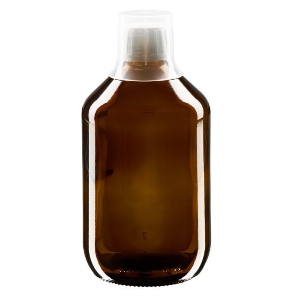 Flacone per medicinali da 500 ml marrone, chiusura OV con coppetta dosatrice 3