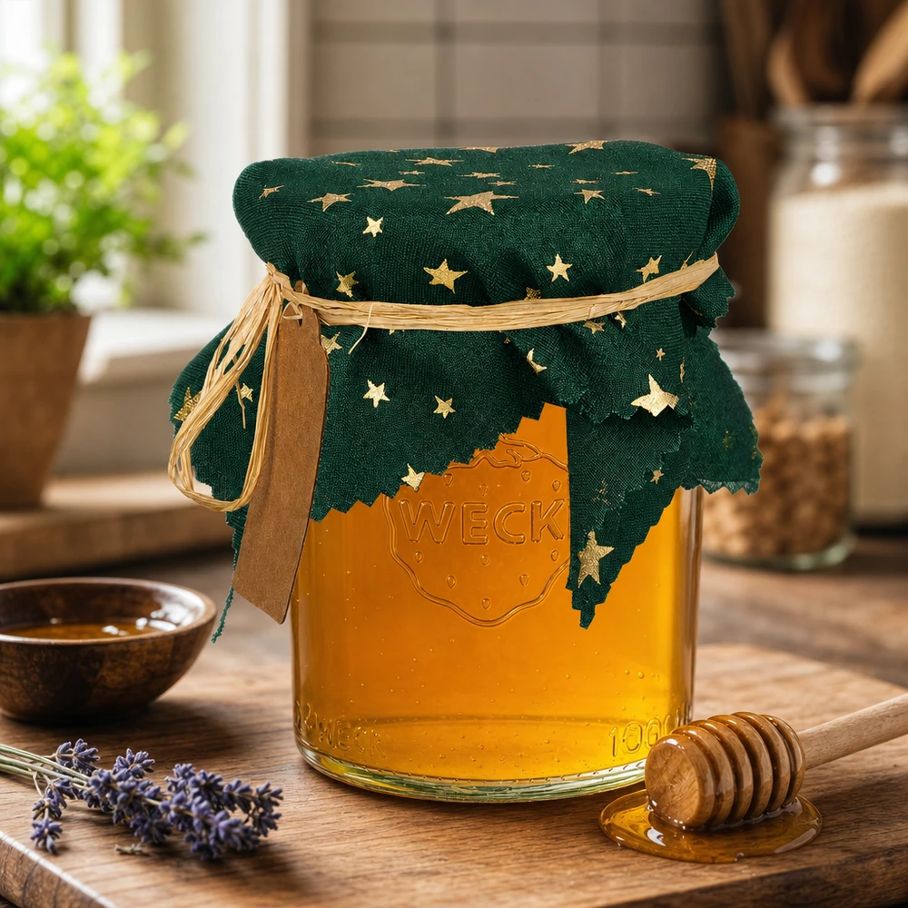 Centrino decorativo in tessuto verde con stelle dorate di 15 cm di lato come coperchio per vasetti di marmellata accanto al cucchiaio per il miele