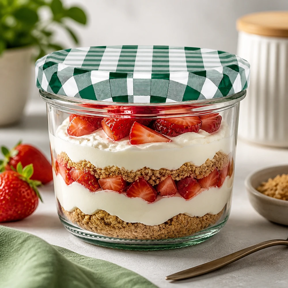 Bicchieri da 230 ml + coperchio BasicSeal verde/bianco UN.. Vasetto da 230 ml per dessert trifle alla fragola a strati Coperchio BasicSeal cucina da dessert a scacchi bianchi e verdi