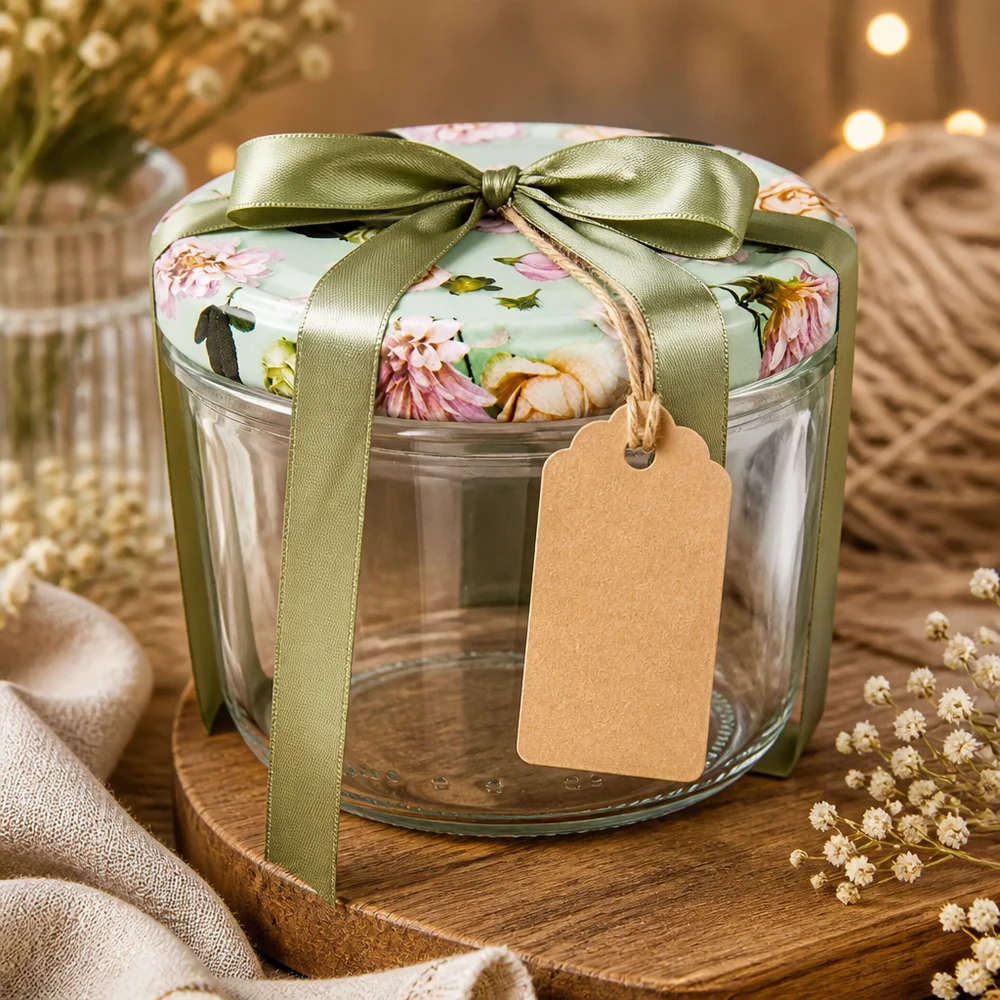 Bicchieri da 230 ml + Coperchio BasicSeal fiore menta UNiTWIST Bicchieri da 230 ml in regalo decorati con un fiocco verde e un'etichetta, perfetti per la marmellata fatta in casa
