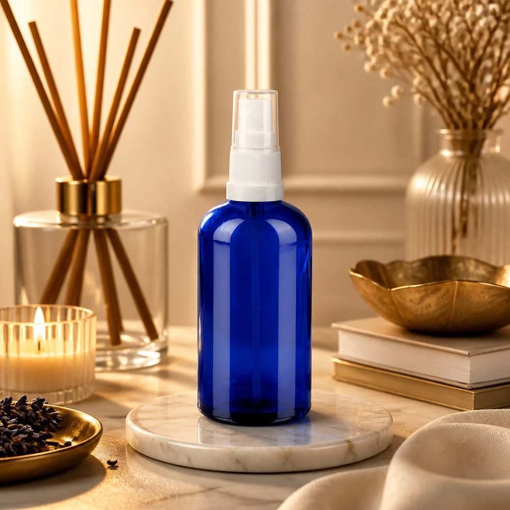 Flacone spray da 100 ml bianco/trasparente STD BlueLine UT18/100 Flacone in vetro da 100 ml con pompa spray in elegante colore blu per prodotti cosmetici di alta qualità