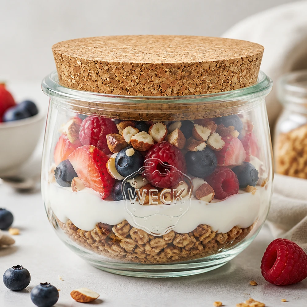 WECK barattolo a tulipano 580ml con coperchio in sughero come barattolo per muesli con yogurt, bacche e noci Colazione in barattolo