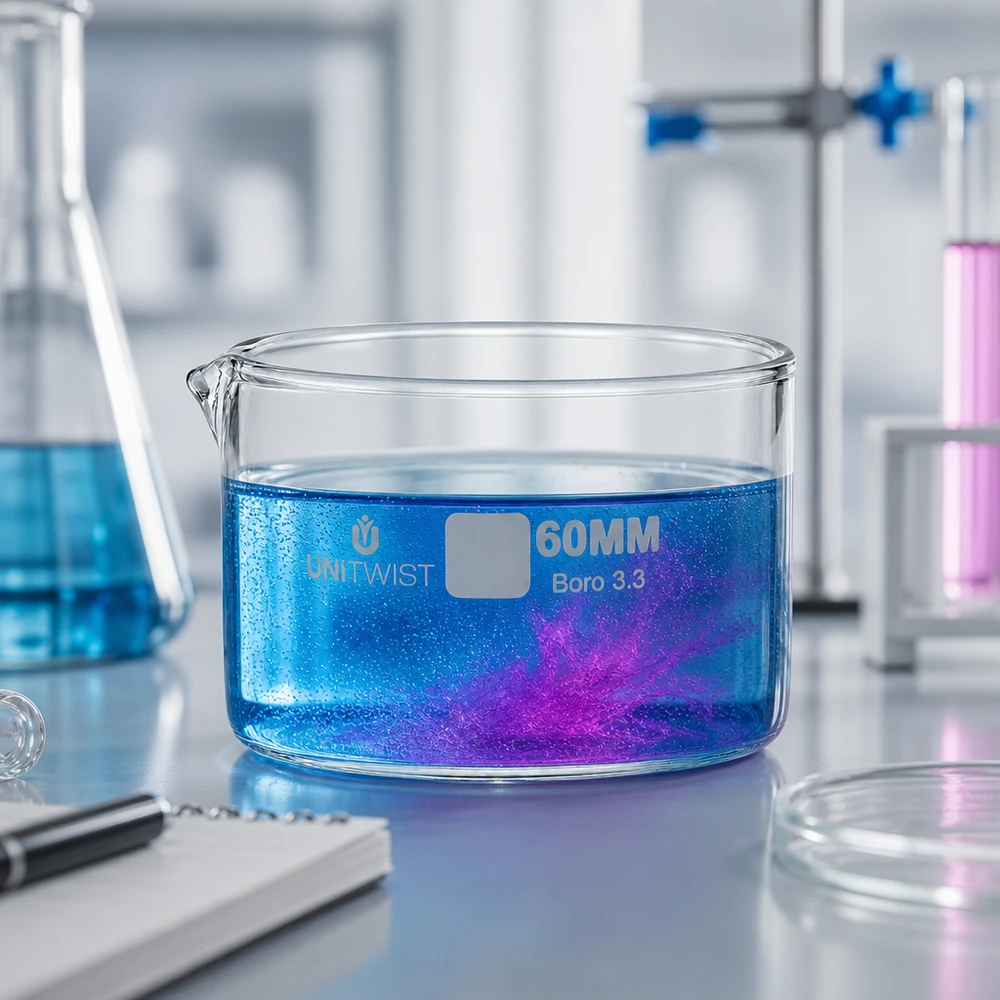 Piatto per cristallizzazione ø60mm in vetro borosilicato UNiTWIST Vaschetta di cristallizzazione da 60 mm UNiTWIST con reazione cromatica blu-viola in un ambiente di laboratorio professionale