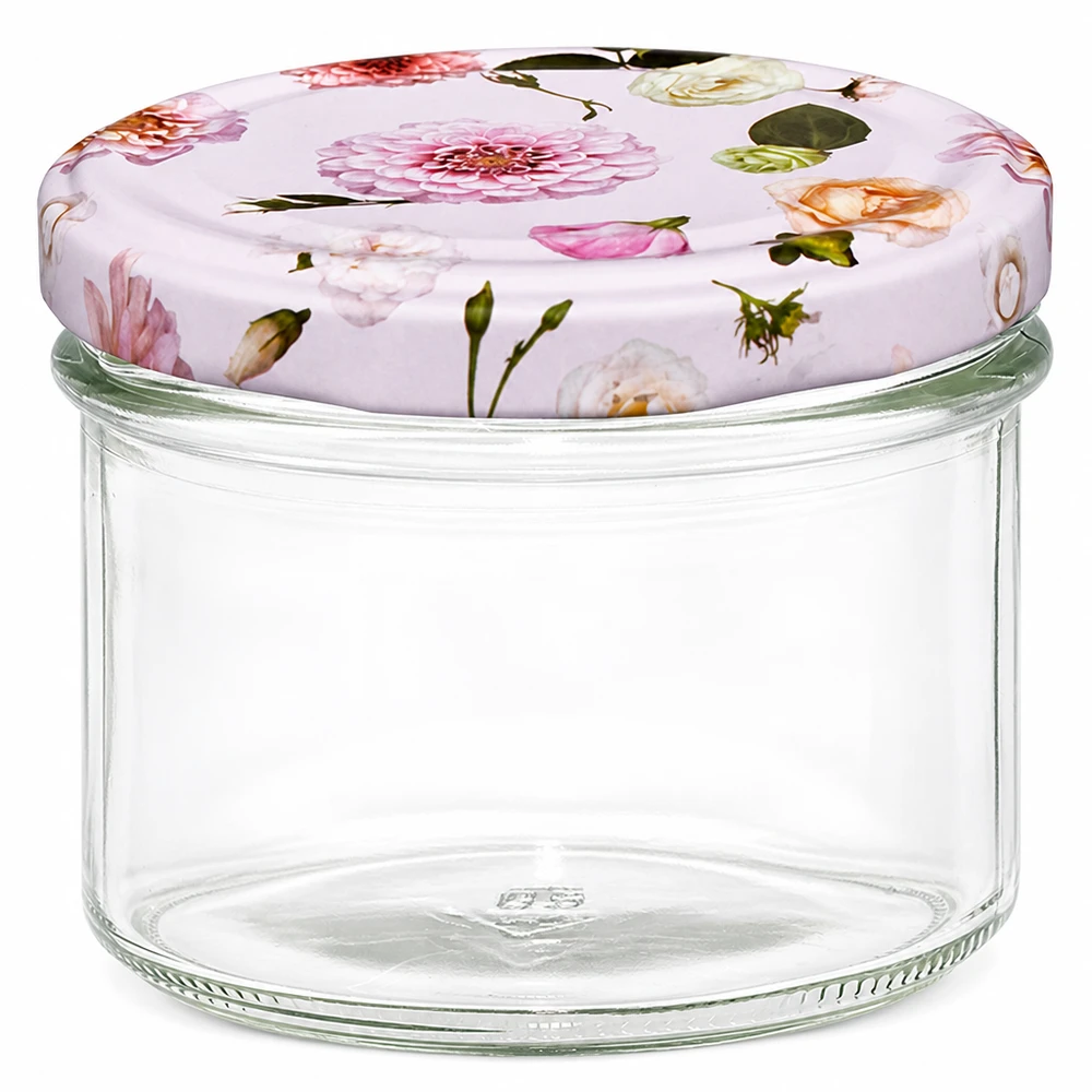 Barattolo di vetro da 225 ml + coperchio BasicSeal rosa UN... Vasetto mason da 225 ml con coperchio BasicSeal a fiori rosa - vasetto vuoto per marmellata e conserve