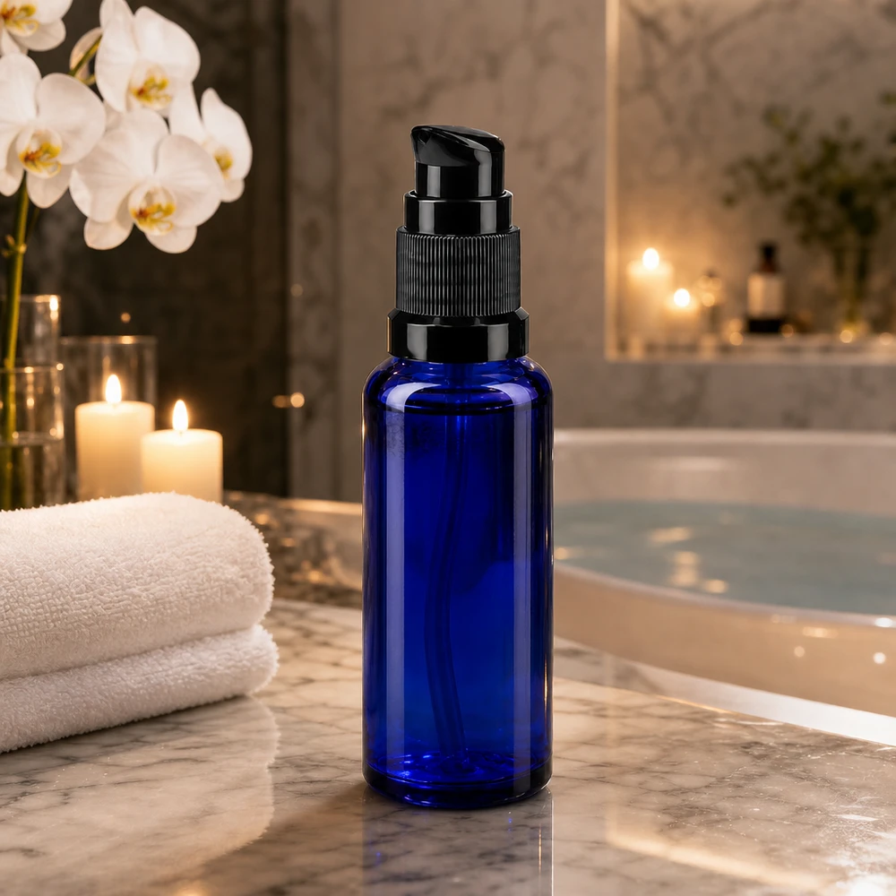 Flacone ApoGlas da 30 ml blu cobalto con dosatore nero in un elegante bagno benessere
