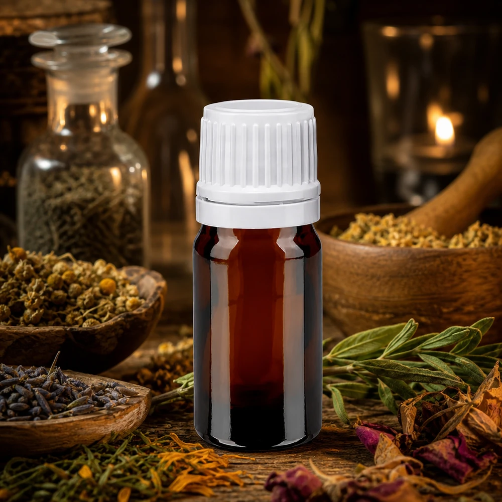 Bottiglia da farmacia marrone da 5ml. SV OV bianco/11mm ApoGlas Set per aromaterapia con erbe medicinali, composto da un flacone da farmacia marrone da 5 ml con tappo a vite bianco ed erbe