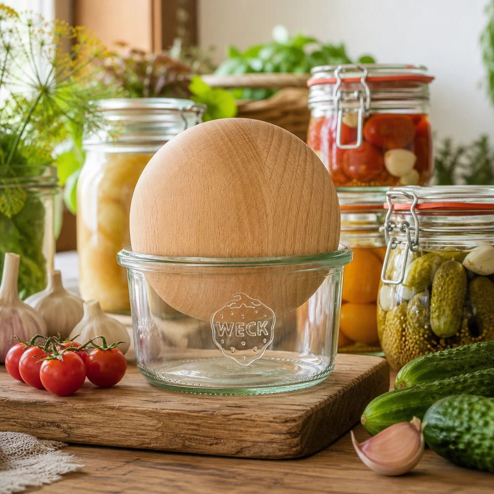 WECK RR80 165ml vaso in muratura con sfera in legno di faggio in una cucina rustica tra barattoli per conserve e verdure fresche