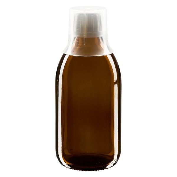 Flacone per medicinali da 250 ml marrone, tappo OV con coppetta dosatrice 3