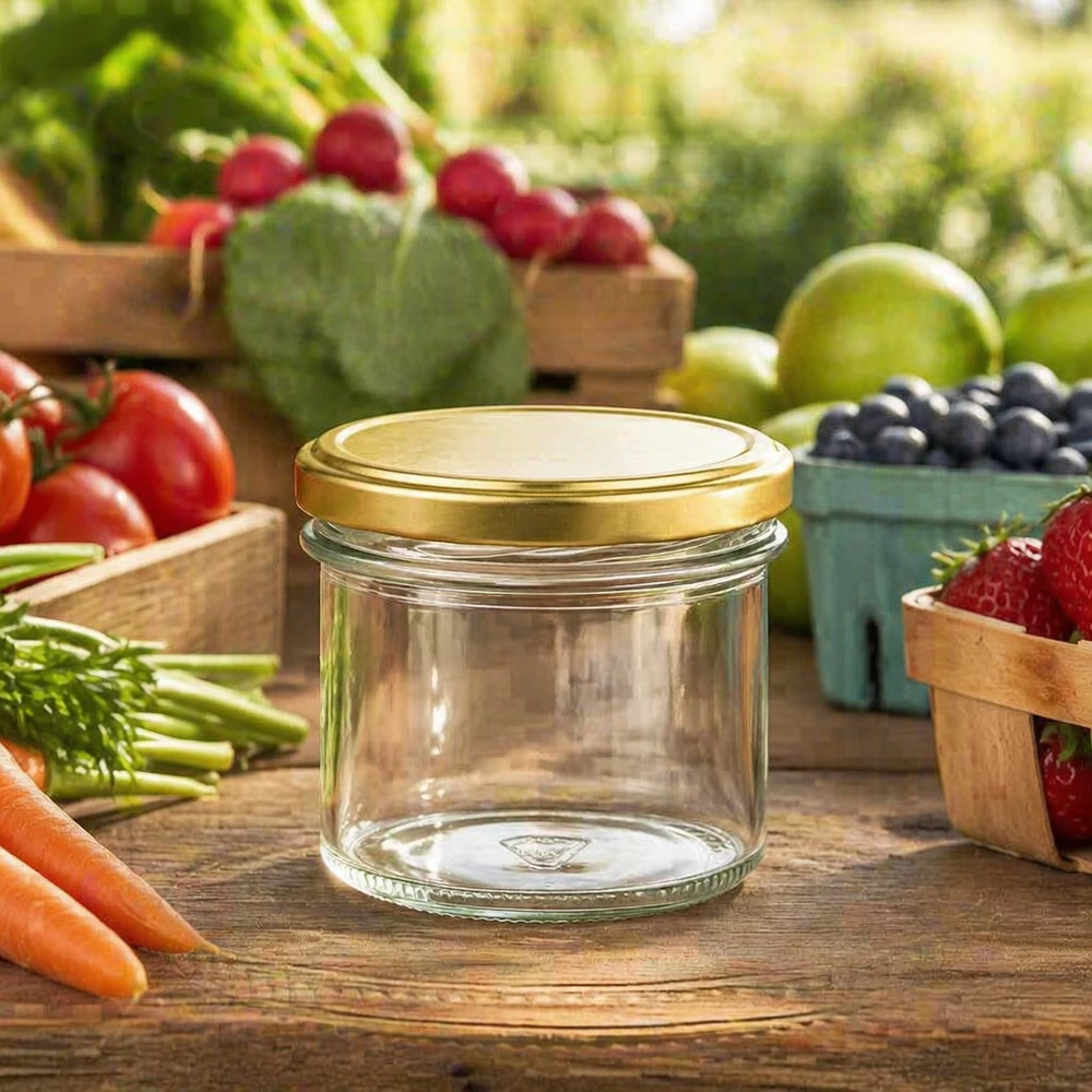 Bicchieri da 125 ml con coperchio BasicSeal oro UNiTWIST 125ml Sturzglas mit goldenem Deckel zwischen frischem Obst und Gemüse - ideal für hausgemachte Marmelade