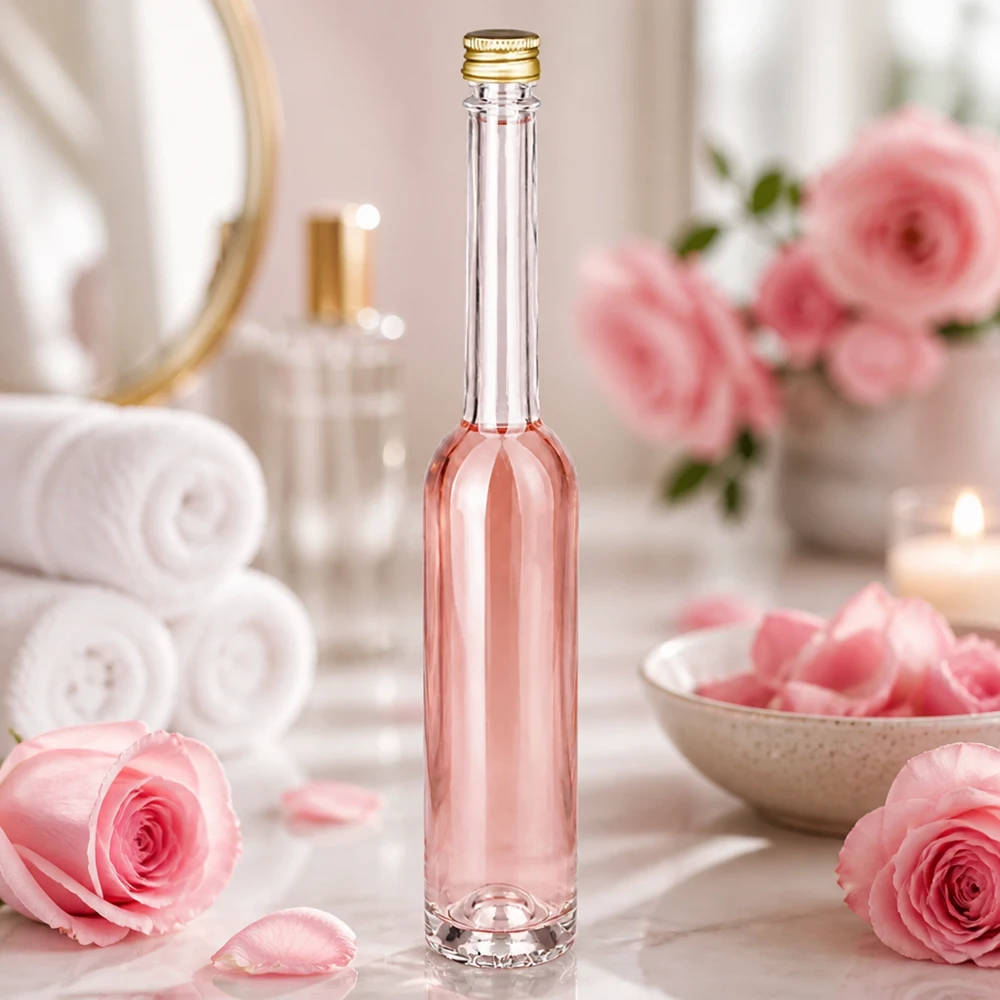Bottiglia in vetro da 100 ml Toni con tappo a vite argento UNiTWIST® Flacone in vetro Toni da 100 ml con liquido rosa in un'atmosfera da wellness spa - tappo d'oro UNiTWIST tra le rose