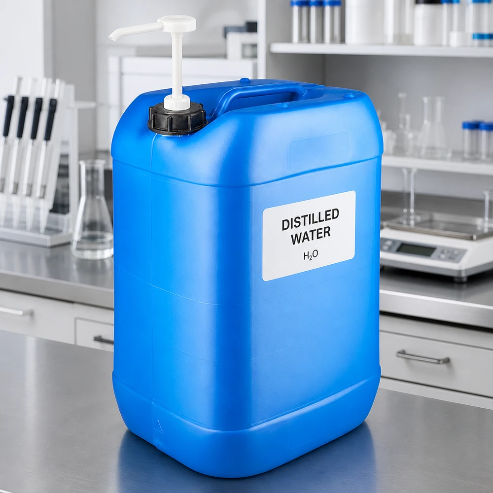 Tanica da laboratorio blu da 25 litri con pompa dosatrice, riempita con acqua distillata, su un tavolo in acciaio inossidabile