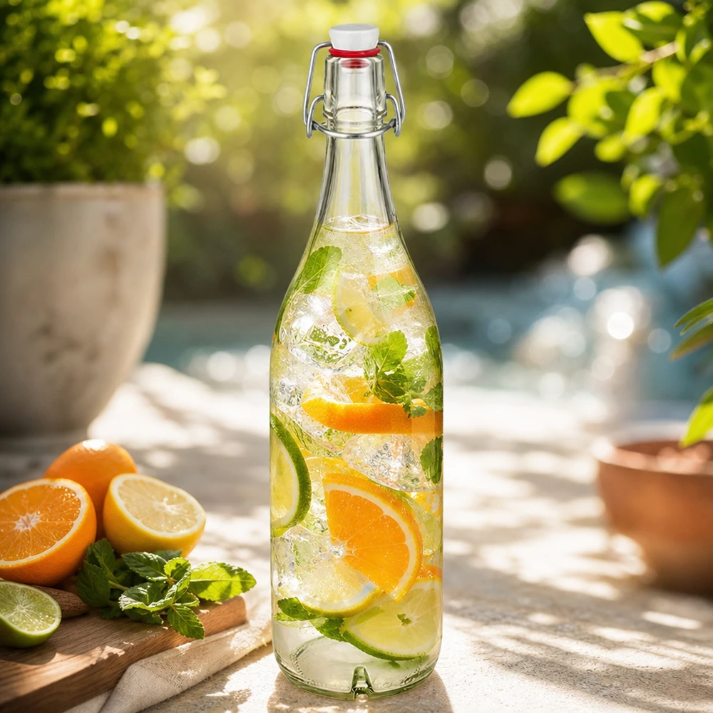 Bottiglia di vetro da 1000ml + piano oscillante in porcellana UN. Bottiglia di vetro da 1000 ml con tappo oscillante riempita di punch agli agrumi arancia lime menta su una terrazza soleggiata