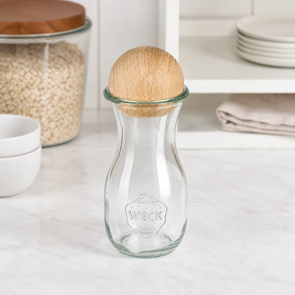 Bottiglia in vetro WECK 290ml RR60 con sfera in legno di faggio in cucina bianca accanto a barattoli e pile di stoviglie