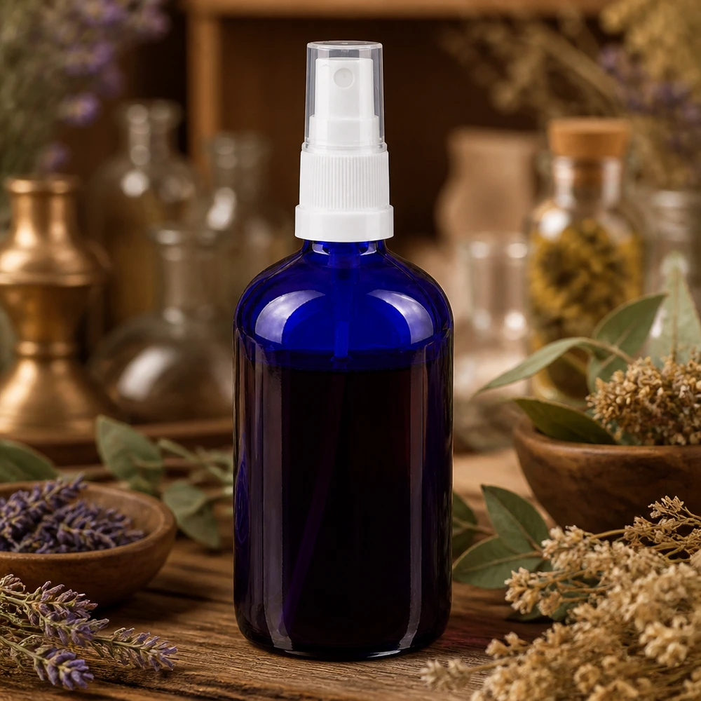 Flacone spray blu 100ml STD bianco/trasp. apoGlas Flacone spray da farmacia blu da 100 ml in vetro con protezione UV e erogatore bianco per oli essenziali