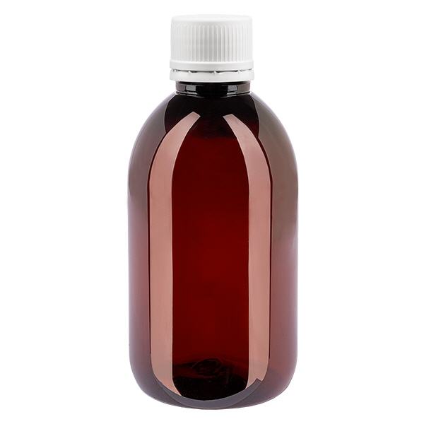 Bottiglia in PET da 250 ml con tappo bianco antimanomissione, finemente scanalata