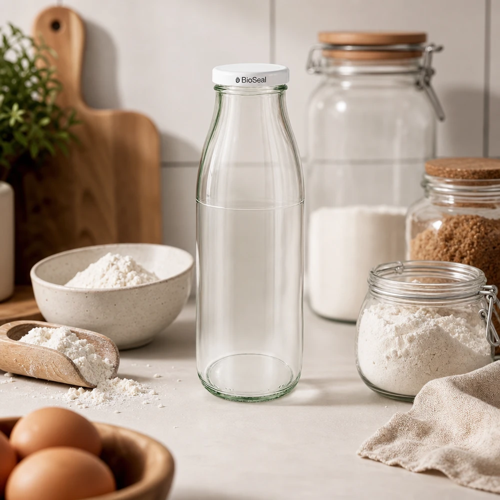 Bottiglia di vetro da 500 ml + coperchio BioSeal bianco UN.. 500ml Glasflasche mit weißem BioSeal Deckel in skandinavischer Küche zwischen Mehl, Eiern und Vorratsgläsern