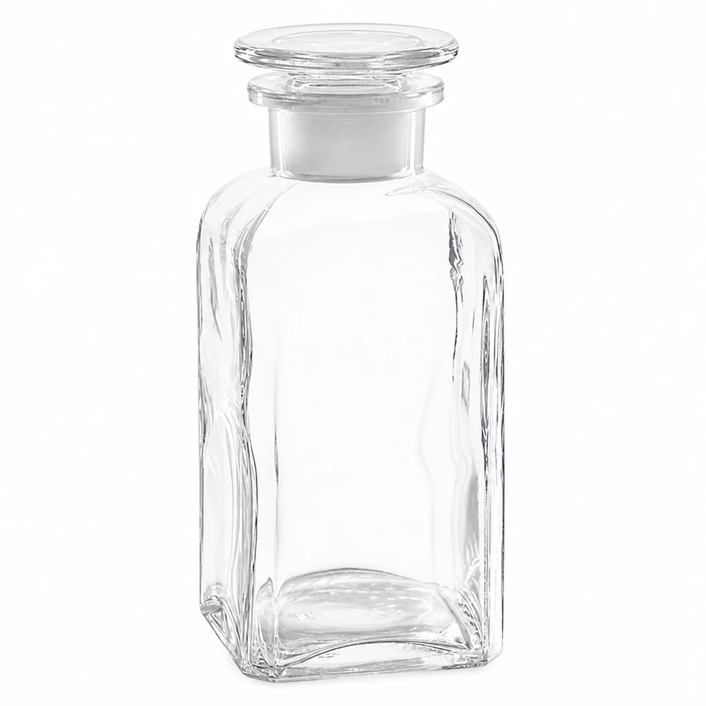 Bottiglia quadrata 350ml trasparente a collo largo con tappo in vetro Bottiglia quadrata da 350 ml trasparente con tappo in vetro, a collo largo, realizzata in vetro trasparente di alta qualità