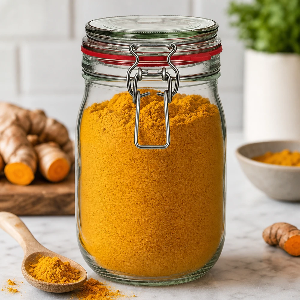 Barattolo da conservazione da 1140 ml, tipo G, con chiusura a clip UN.. Il barattolo da 1140 ml riempito con polvere di curcuma mostra la conservazione ideale delle spezie