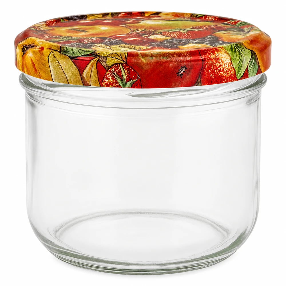 Bicchieri da 260 ml + coperchio BasicSeal per frutta UN.. Barattolo mason da 260 ml con coperchio decorato con frutta colorata, barattolo vuoto per marmellate e conserve