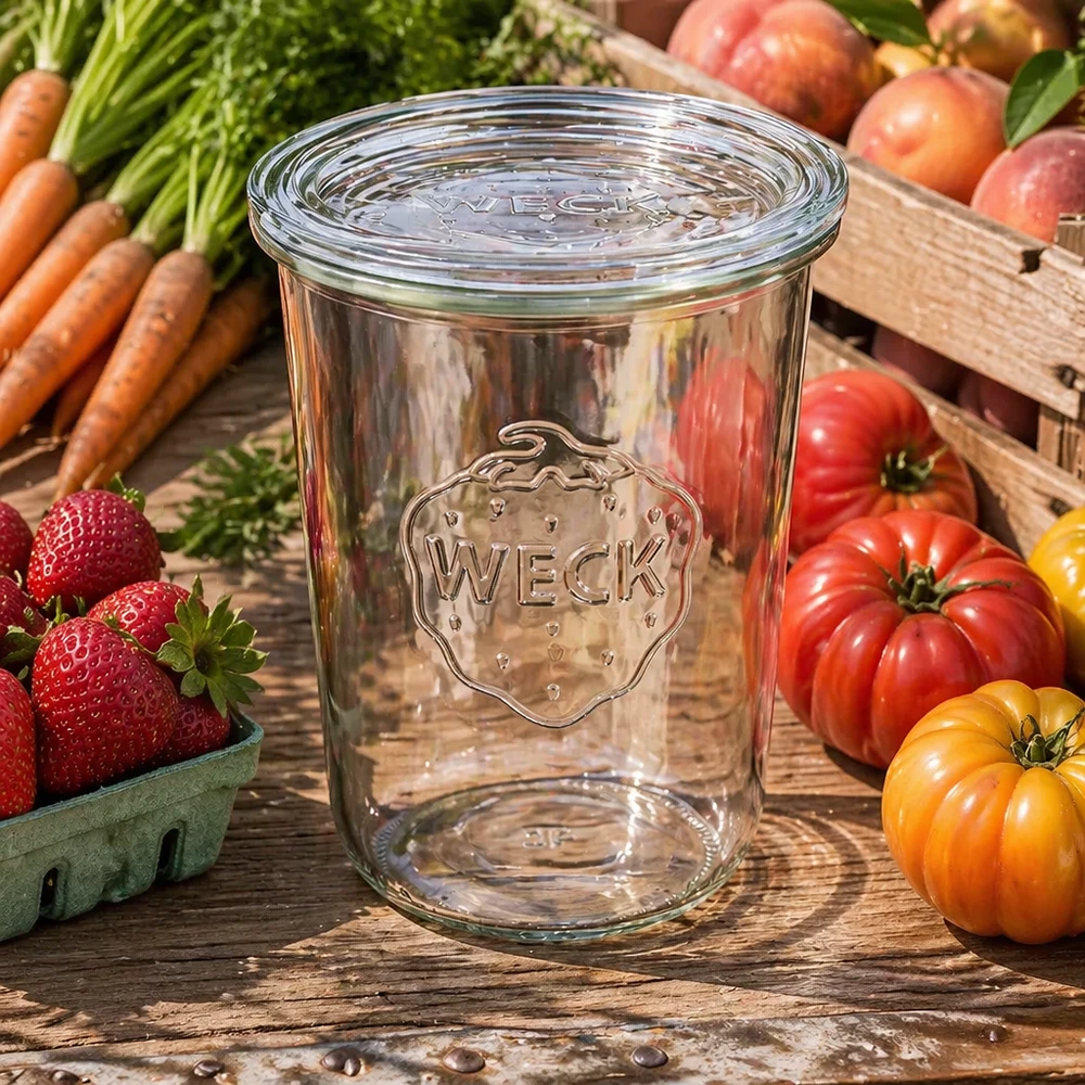 Barattolo di vetro da 850 ml con coperchio in vetro WECK RR100 I tumbler WECK 850ml RR100 circondati da frutta e verdura fresca mostrano un uso versatile per la preparazione e la conservazione dei pasti.