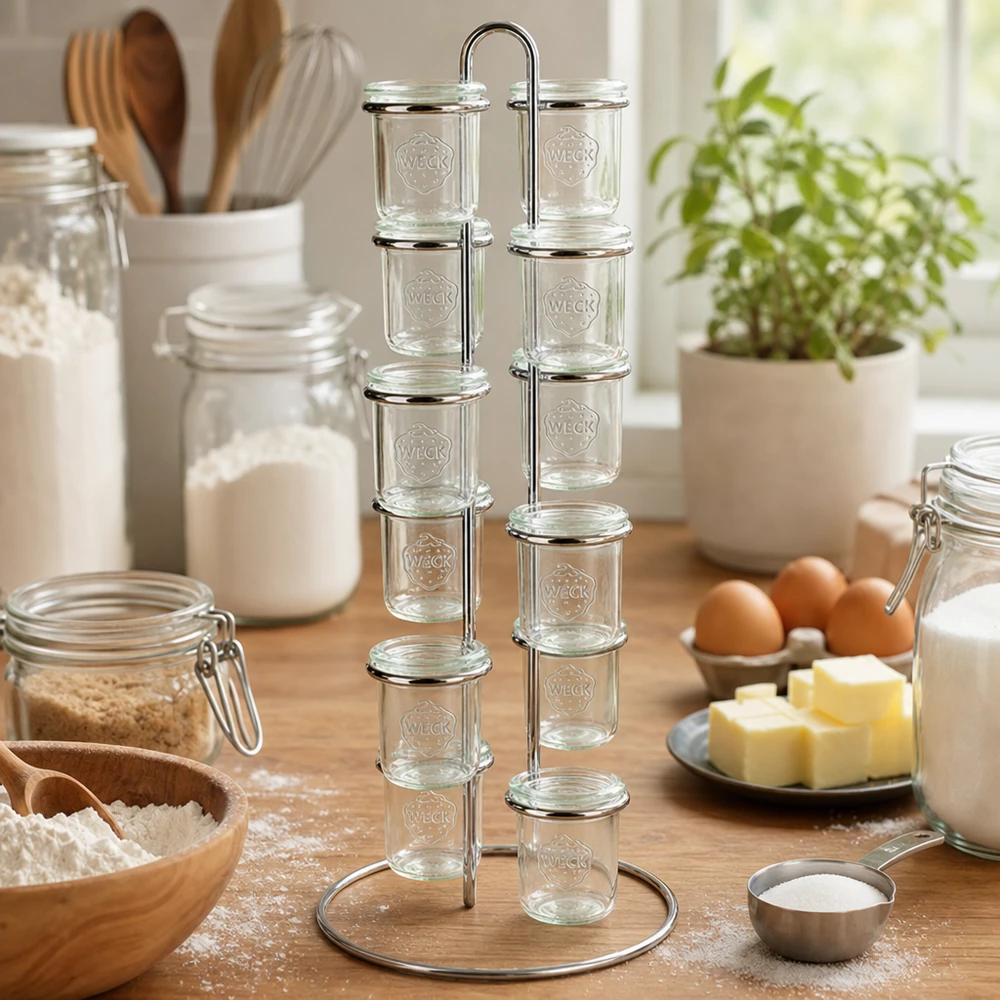 Portabottiglie Vertico12 per 12 tumbler WECK Backzutaten-Organisation mit WECK Vertico12 Gestell umgeben von Mehl Eiern Butter in heller Küche zeigt Backvorbereitung