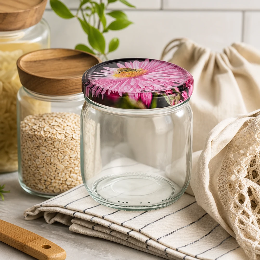 Barattolo rotondo da 425 ml con coperchio a fiore rosa vuoto in cucina sostenibile con barattoli di stoccaggio e sacchetto di cotone