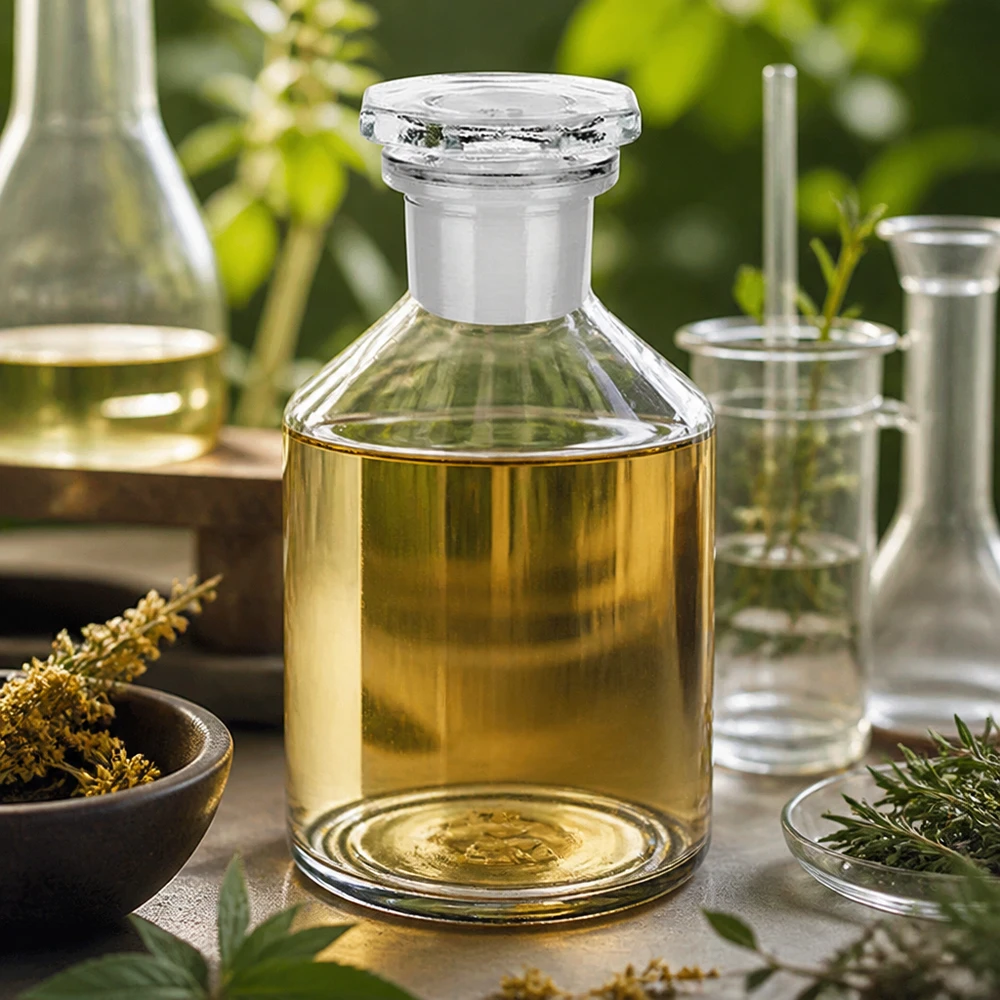 Flacone trasparente a forma di petto ripido da 50 ml, a collo stretto, con tappo in vetro e contenuto di colore giallo dorato