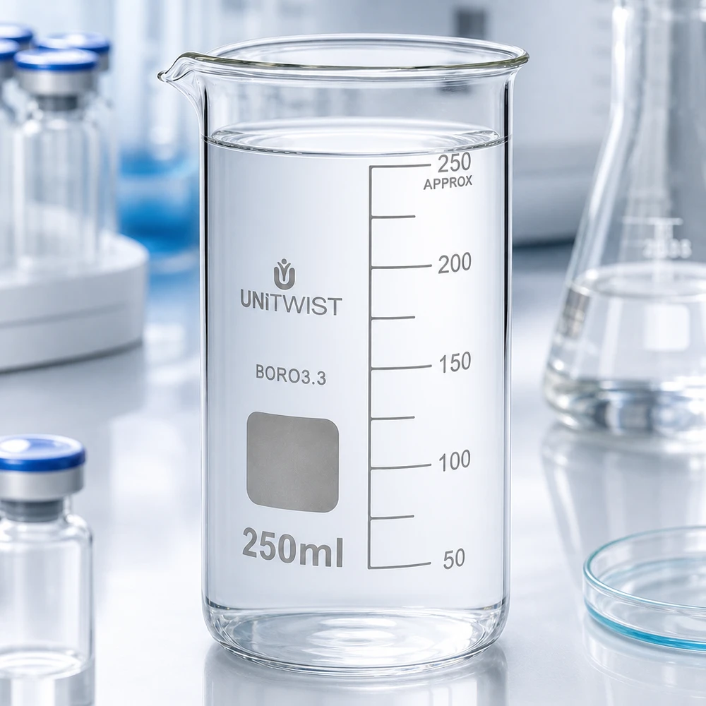UNITWIST Bicchiere da laboratorio da 250 ml, modello alto, in borosilicato, con campo di scrittura bianco e scala millimetrica
