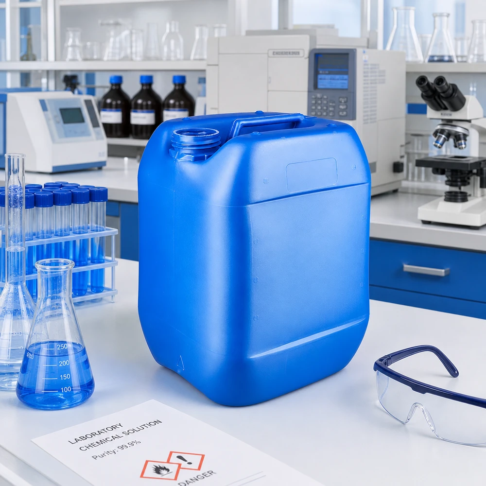 Tanica 10 litri blu senza tappo Tanica blu da 10 litri senza tappo su un tavolo da laboratorio bianco accanto a un matraccio di Erlenmeyer