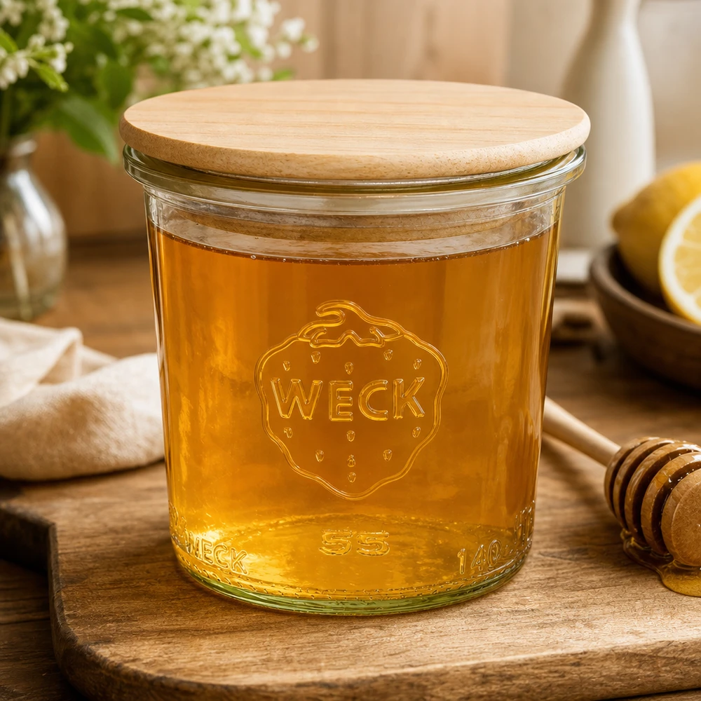 Il barattolo RR60 WECK da 140 ml con miele e coperchio in legno mostra la sua versatilità per le creme dolci.