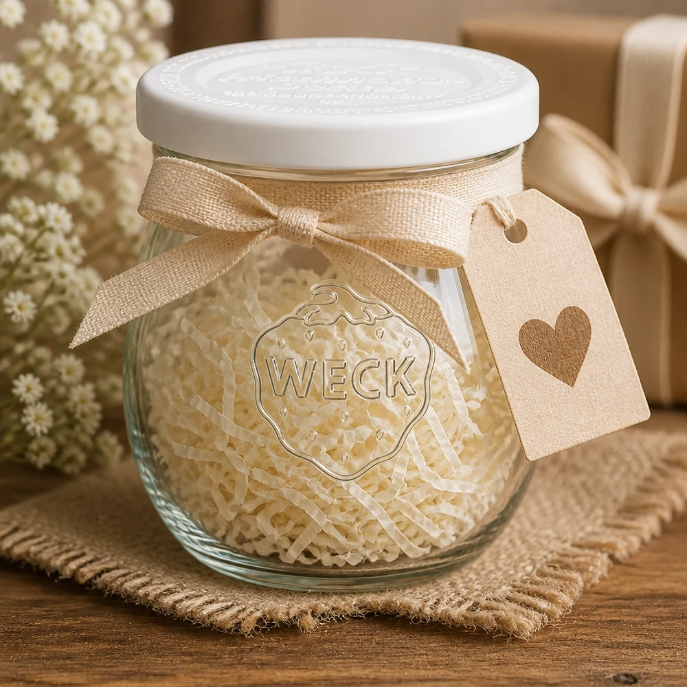 WECK vaso a tulipano 220ml RR60 decorativo con nastro e ciondolo a forma di cuore - idea regalo vaso da conserva rustico