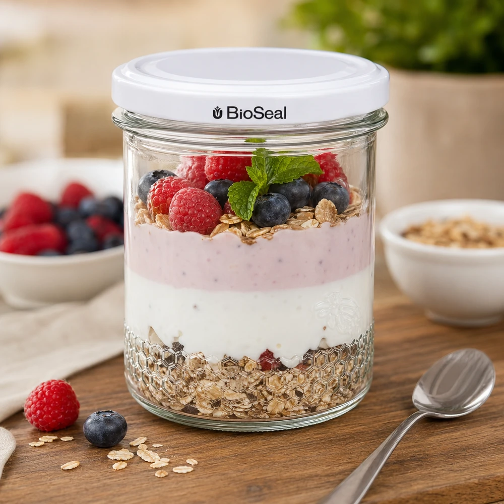 Vasetto per miele da 560 g con capsula bianca BioSeal UNiTWIST Il vasetto di miele BioSeal da 400 ml come ciotola per cereali con yogurt, frutti di bosco e muesli dimostra la versatilità dell'uso in cucina.