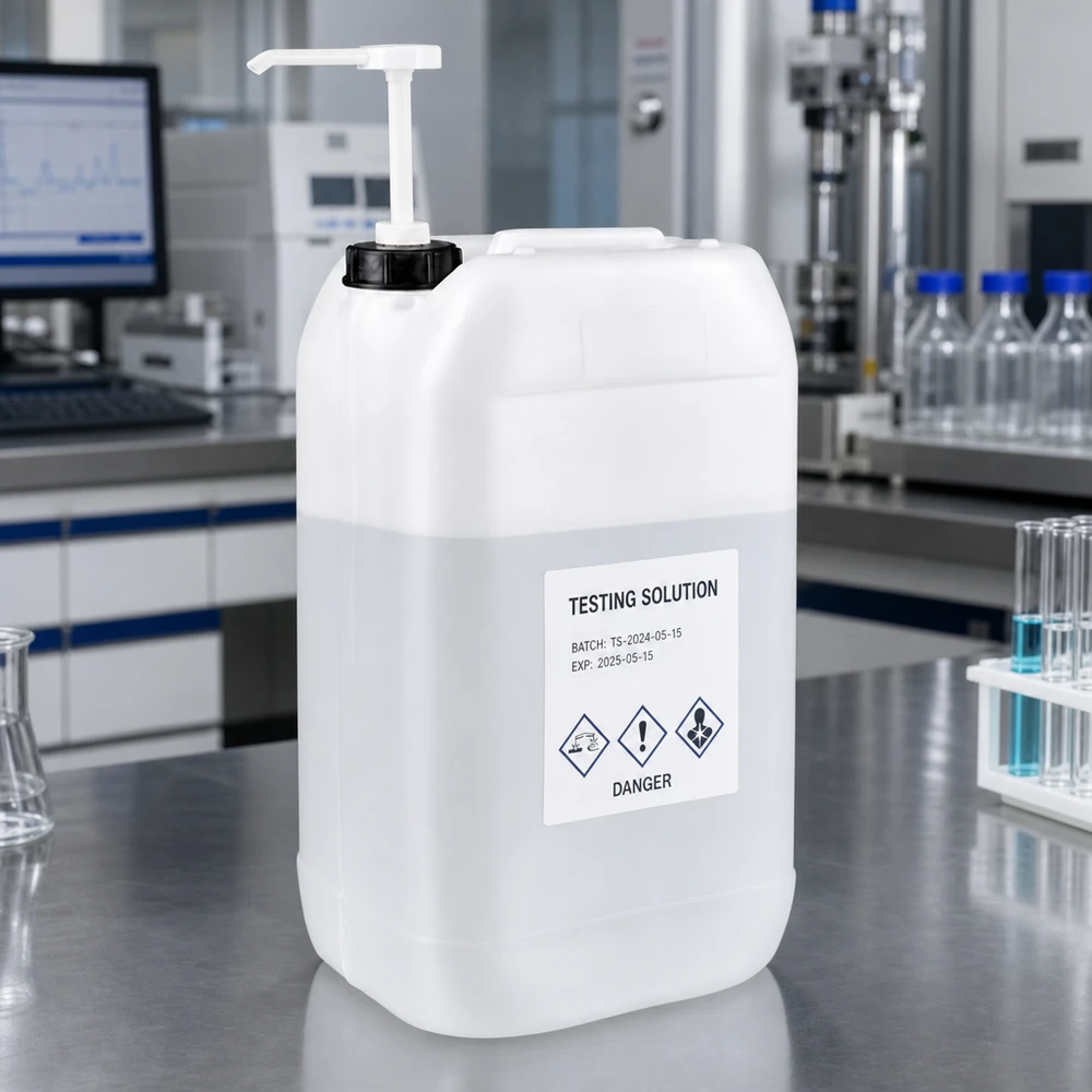 Tanica da 15 litri con pompa dosatrice Tanica da laboratorio da 15 litri con pompa dosatrice e simboli di pericolo GHS per sostanze chimiche