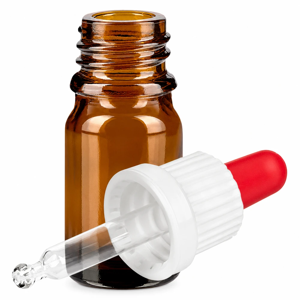 Bottiglia per pipette da 5 ml bianco/rosso OV BrownLine UT18/5 Flacone in vetro marrone da 5 ml con tappo per pipetta OV BrownLine UT18/5 per un dosaggio preciso dei liquidi