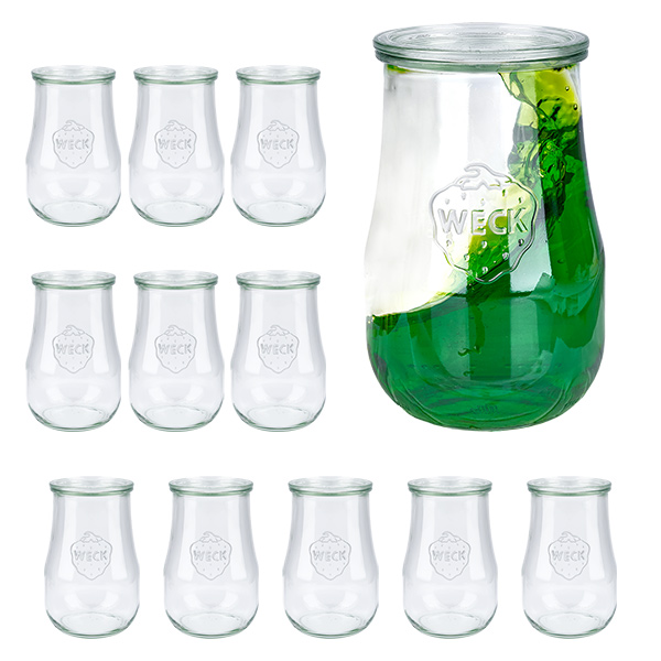 Set di 12 vasetti Weck da 1750 ml a tulipano con 12 coperchi in vetro Set di 12 vasetti Weck da 1750 ml a tulipano con 12 coperchi in vetro