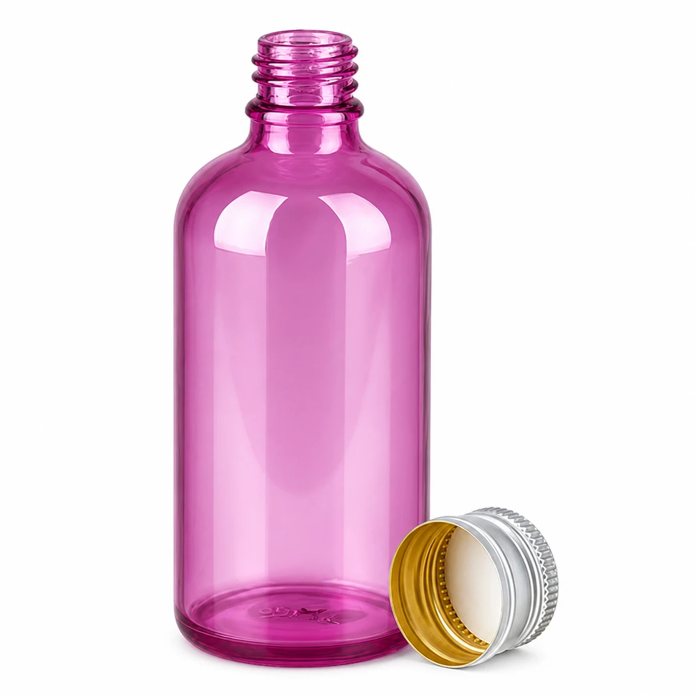 Bottiglia da 100 ml. Tappo a vite da 11 mm alluminio-argento standard PurpleLine. UT18/100 Flacone a spalla tonda in vetro viola 100ml con tappo standard per applicazioni farmaceutiche
