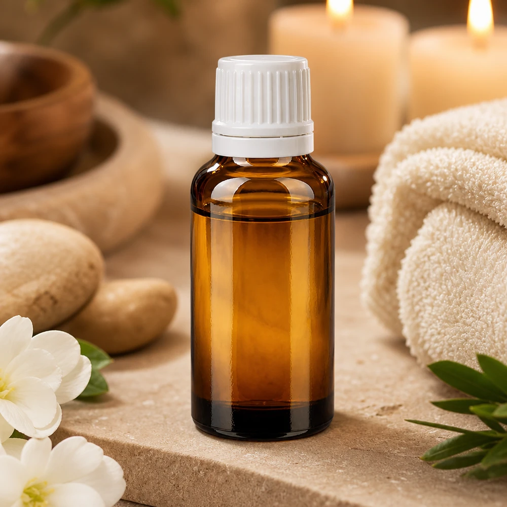 Piccolo flacone da farmacia in vetro ambrato da 20 ml con tappo contagocce bianco, per oli da massaggio e prodotti per il benessere