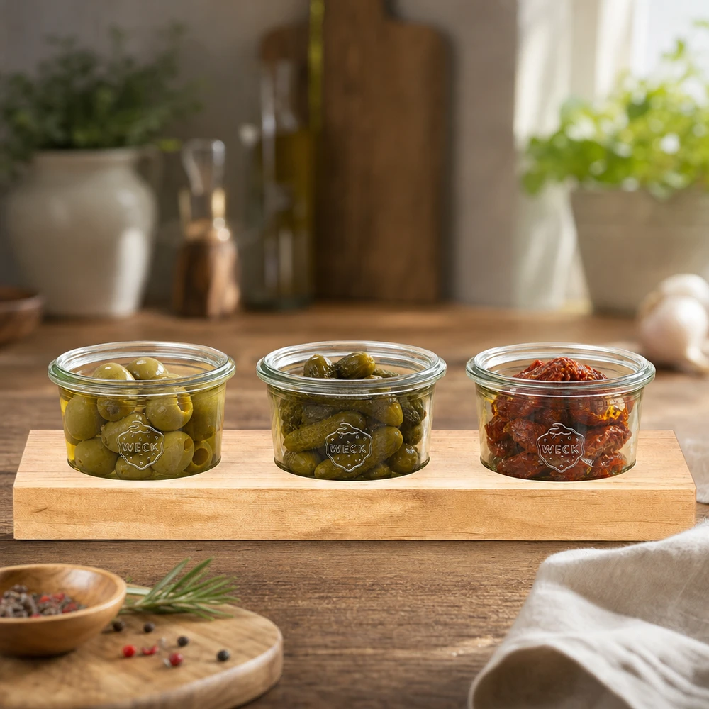 Elegante tagliere in legno con 3 barattoli Weck pieni di olive e pomodori secchi in una cucina moderna