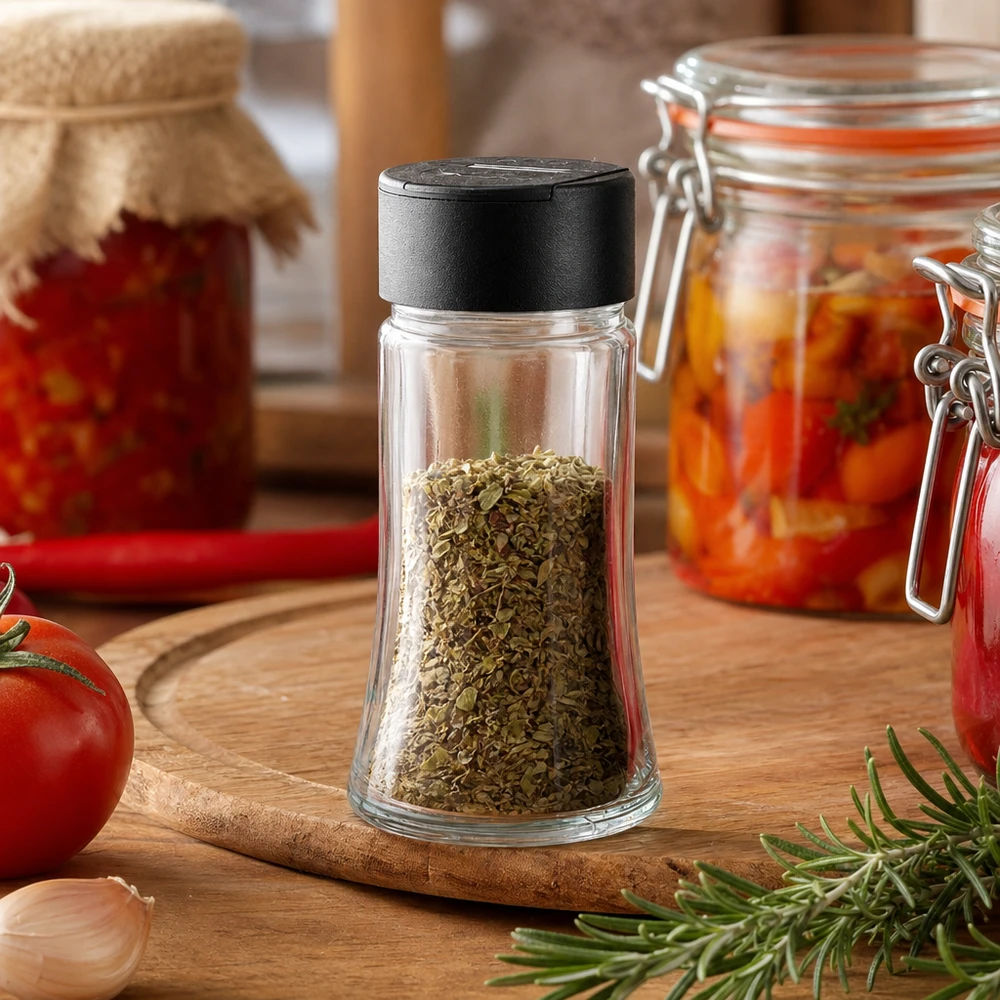 Barattolo per spezie da 95 ml riempito di origano, con spargitore doppio nero, su un tagliere di legno con pomodori