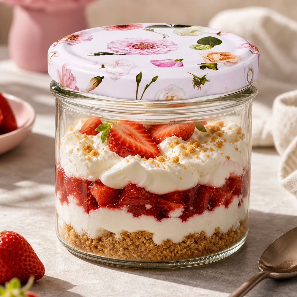 Barattolo di vetro da 225 ml + coperchio BasicSeal rosa UN... Dessert cheesecake alla fragola in tumbler da 225 ml con coperchio BasicSeal a fiori rosa - perfetto per dessert a strati
