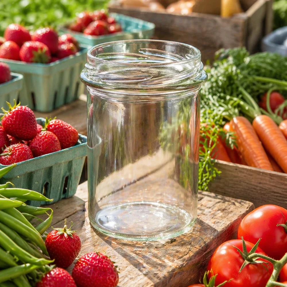 UNiTWIST Sturz230 - tumbler capacità 230ml TO66 UNiTWIST Sturz230 tumbler 230ml TO66 vaso da conserva vuoto su tavola di legno circondato da fragole fresche pomodori carote