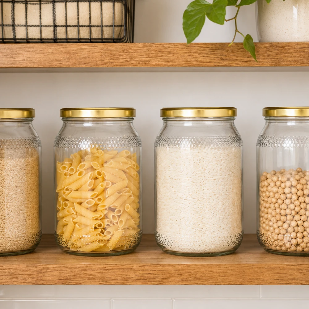 Vasetto per miele da 1260 g con capsula dorata BasicSeal UNiTWIST Vasetti di miele da 900 ml con coperchi dorati come contenitori per pasta, riso e legumi nella cucina moderna