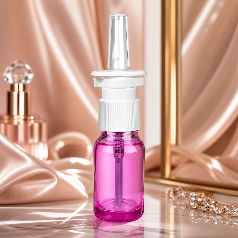 Flacone spray nasale da 10 ml bianco/trasparente standard PurpleLine. UT18/10 Robusto flacone per spray nasale in vetro da 10 ml in colore viola chiaro con resistente sistema di chiusura UT18/10