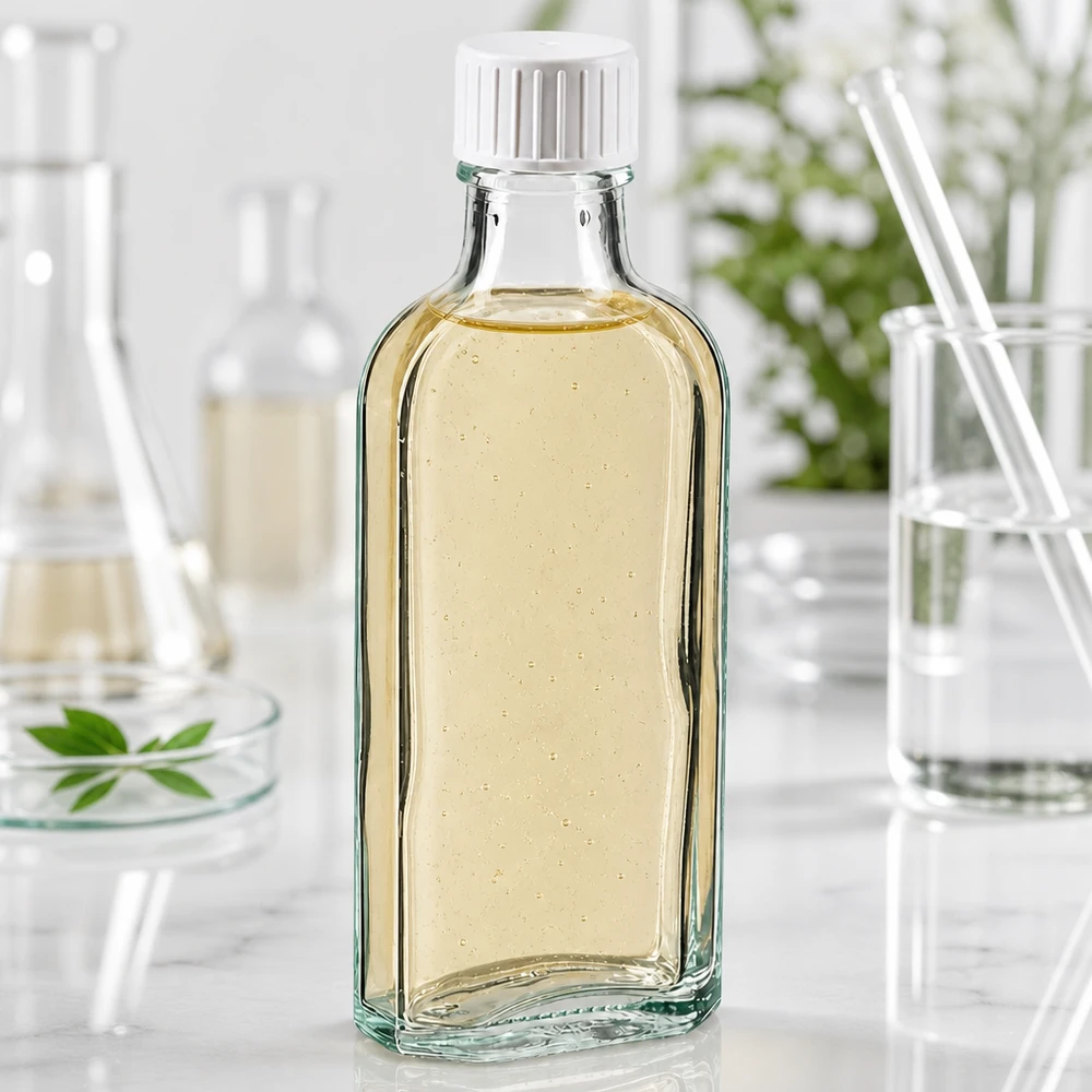 100 ml Meplat tappo a vite trasparente con anello versatore Flacone di vetro Meplat da 100 ml, piatto, con tappo a vite e contenente un estratto naturale giallo, in un ambiente di laboratorio