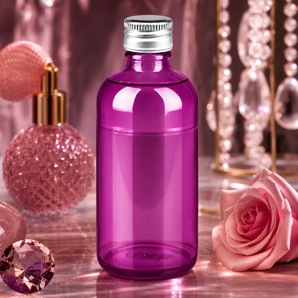 Bottiglia da 100 ml. Tappo a vite da 11 mm alluminio-argento standard PurpleLine. UT18/100 Bottiglia in vetro viola da 100 ml con tappo a vite, perfetta per cosmetici e tinture artigianali