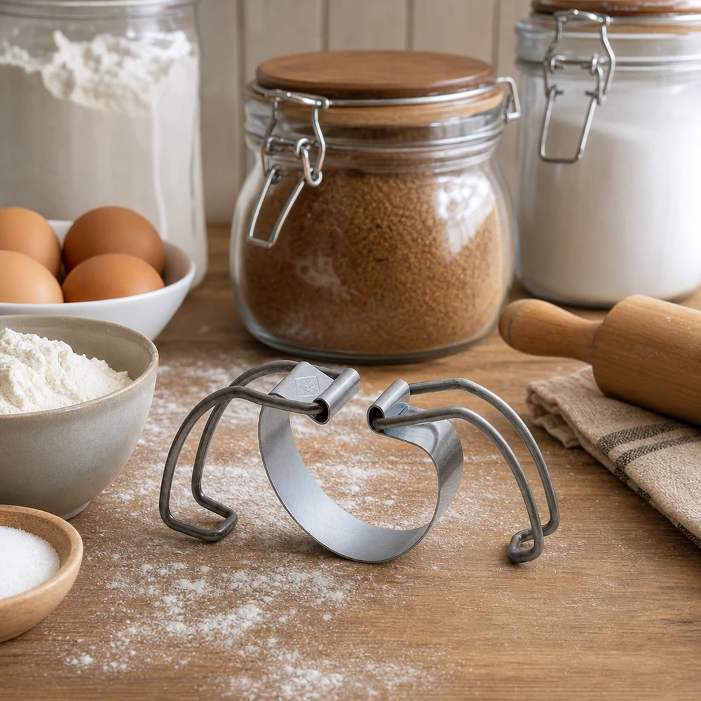 RR100 scaffale di conservazione in un ambiente di cucina con ingredienti da forno, farina, uova e barattoli di conservazione su un piano di lavoro in legno