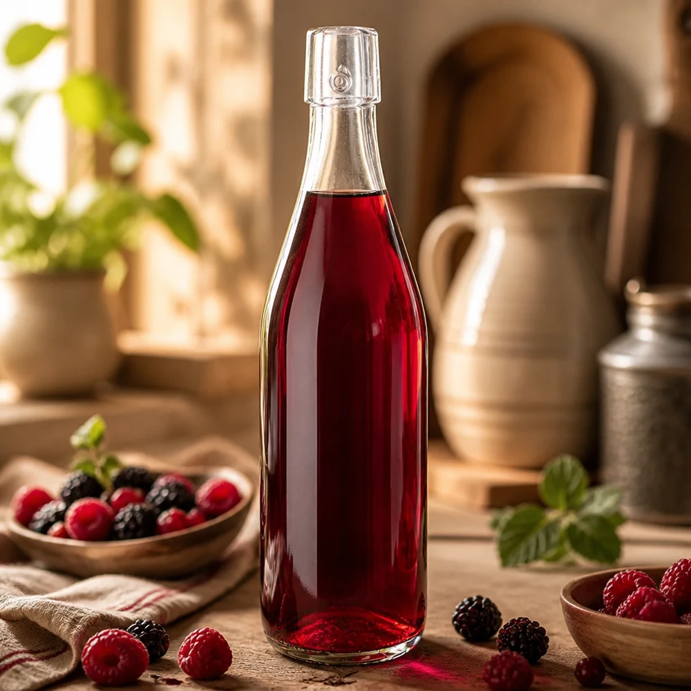 Bottiglia in vetro da 500 ml senza tappo UNiTWIST Bottiglia in vetro UNiTWIST da 500 ml riempita di succo di bacche rosse come applicazione lifestyle in una cucina rustica