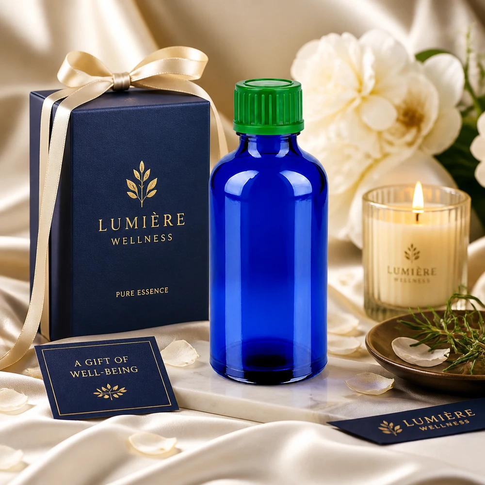 Flacone da 50ml 11mm SV verde STD BlueLine UT18/50 Elegante flacone in vetro da 50 ml in blu cobalto con tappo verde per prodotti di cura di alta qualità