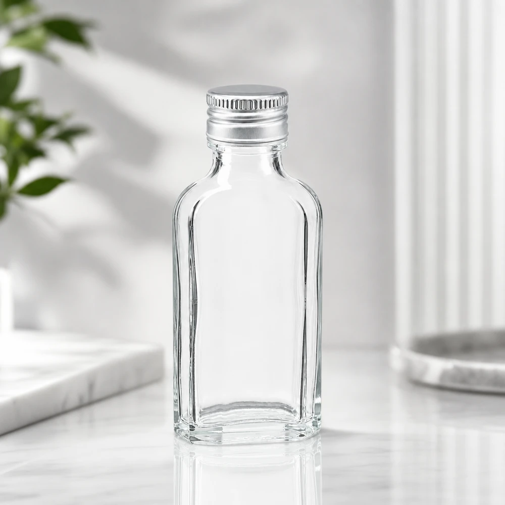 Flacone Meplat da 50 ml in vetro trasparente con tappo a vite PP22 color argento su superficie in marmo bianco