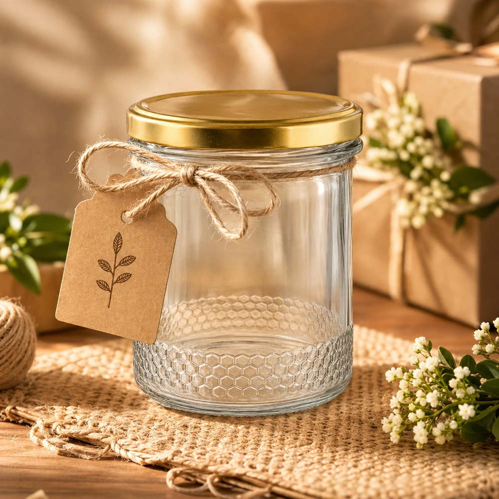 Vasetto per miele da 560 g con capsula dorata BasicSeal UNiTWIST Vasetto di miele da 400 ml con coperchio BasicSeal oro UNiTWIST e cartellino regalo su un tavolo di legno rustico con decorazioni in juta
